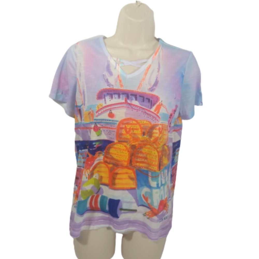 Ellen Negley Top Beach Ocean Theme Women's Size PS Petite